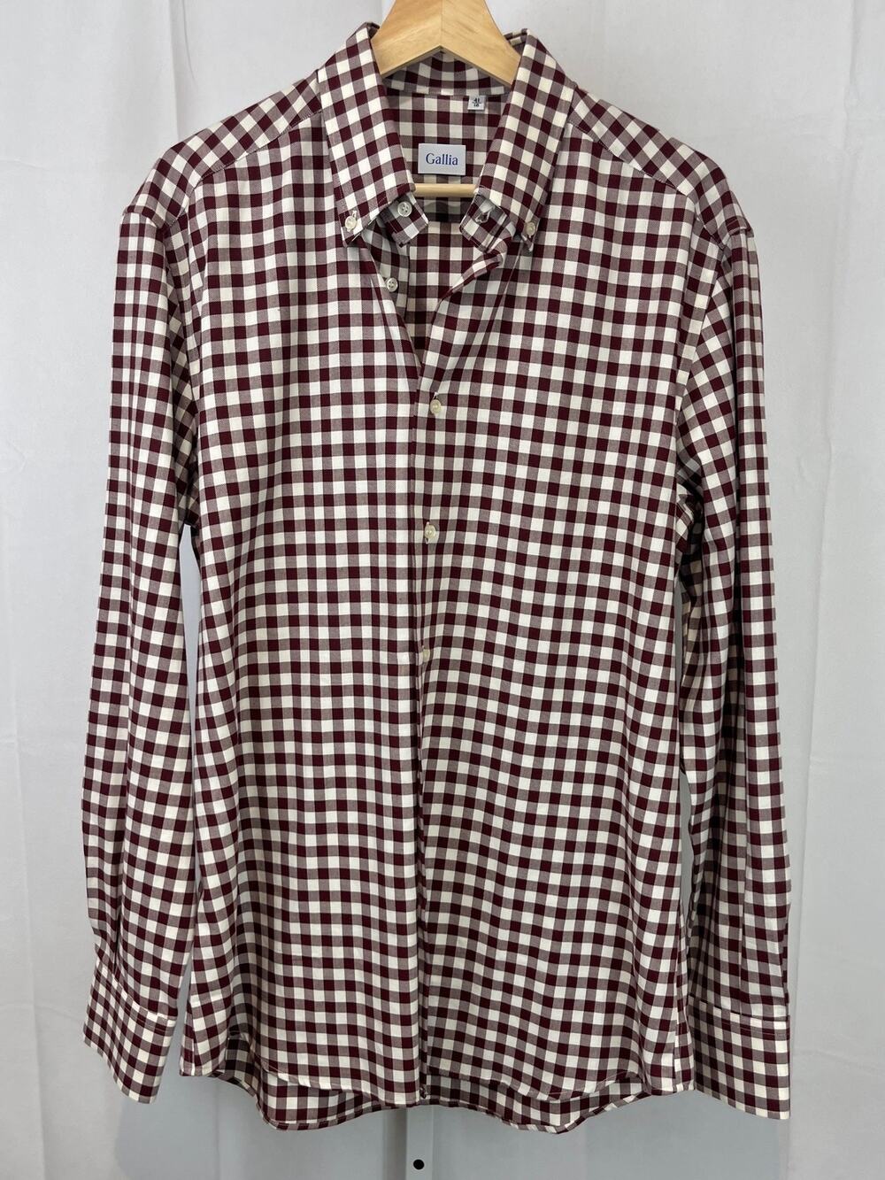 GALLIA Italy Check Button Down Shirt Long Sleeve Woven Cotton Red White 41 16